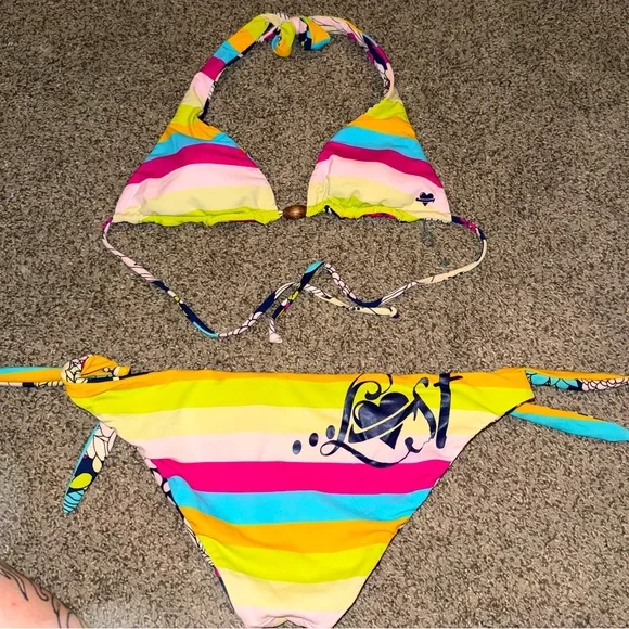 Lost reversible multicolored bikini halter triangle & tie bottoms - Picture 7 of 11